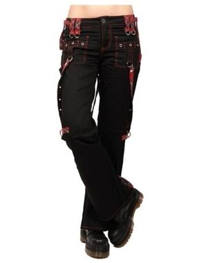 Black Womens Gothic Punk Cargo Jeans with Red Plaid Trim